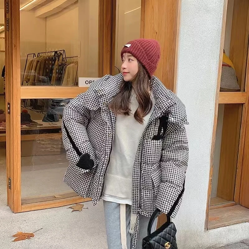 Top Trends: Houndstooth Hooded Puffer Jacket Women Winter Windproof Thickened Down Cotton Jacket Vintage Warm Parka Long Sleeve Korean Coat Shoppable Styles