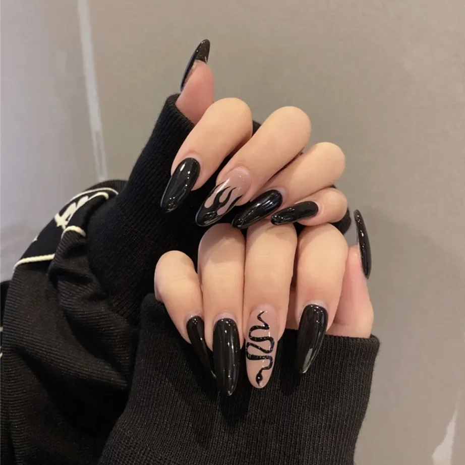 Top Trends: 24pcs Black Flame Snake Design False Nails Art Press On Nail Art Long Ballet Wearing Fake Nails Tips Full Coverage With Tools Shoppable Styles