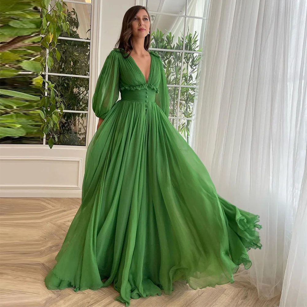 Top Trends: Sevintage Green Chiffon Prom Dresses V-Neck Long Sleeves Pleat Ruched A-Line Evening Gowns Wedding Party Dress 2023 Shoppable Styles