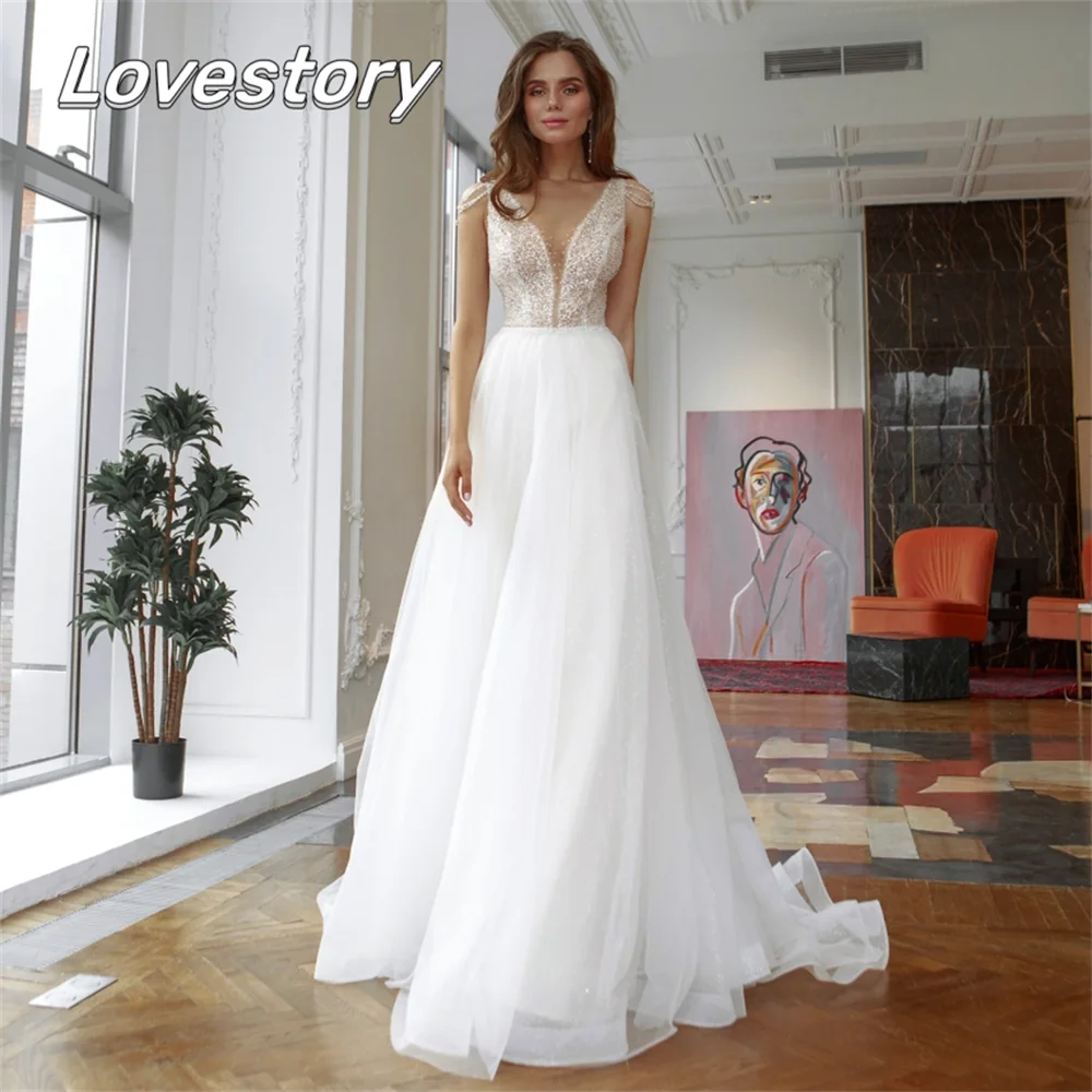 Top Trends: Exquisite Modern A-Line Wedding Dresses Sleeveless V-Neck Bridal Gowns Sexy Bride Robes Backless Lace Beading Vestidos De Novia Shoppable Styles