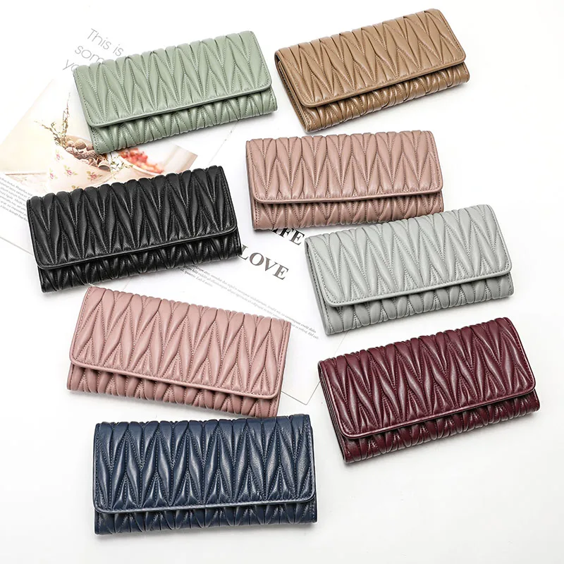 Top Trends: Women Long Pleated Wallet Fashion Hasp Zipper Multifunction Card Holder Sheepskin Genuine Leather Female Coin Purse Clutch Purse Shoppable Styles