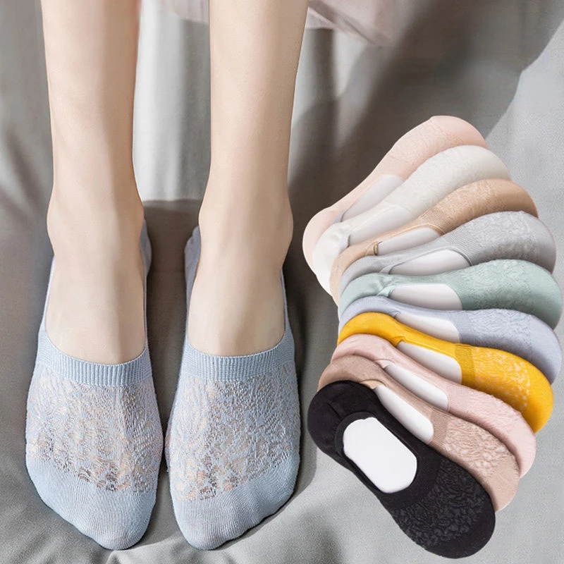 Top Trends: 5 Pairs Women Invisible Socks Mujer Non-slip Chaussette Ankle Low Female Mesh Cotton Boat Socks No Show Breathable Calcetines Shoppable Styles