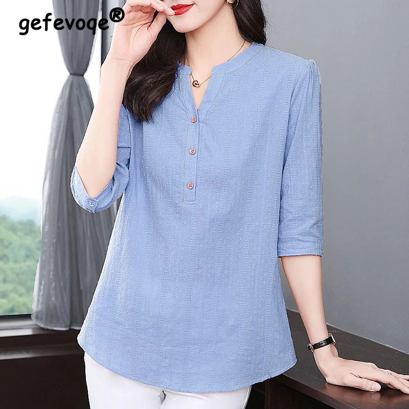 Top Trends: Summer New Oversized Pure Cotton Loose Shirt Ladies 3 / 4 Sleeve Casual Fashion Solid Pullover Tops Women Simple All-match Blouse Shoppable Styles