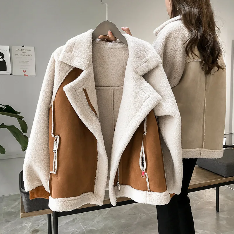 Top Trends: Women Winter Jacket Chic Faux Fur Collar Coats Aviator Motorcycle Biker Jackets Female Lamb Wool Coat 2022 New Coats Shoppable Styles