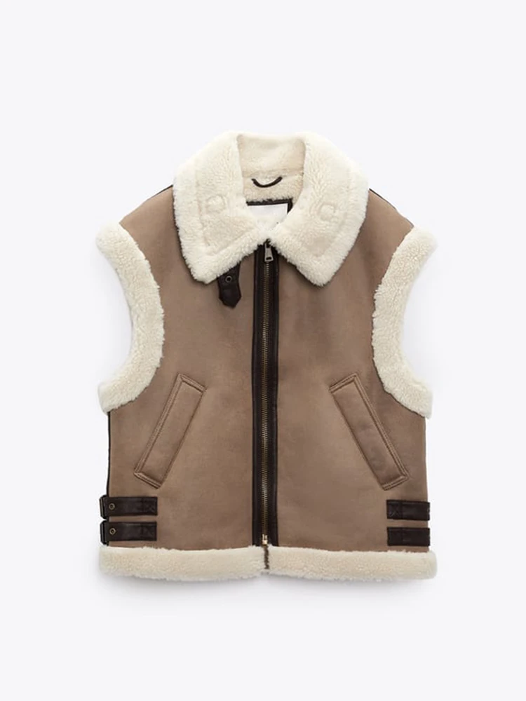 Top Trends: TRAF Autumn Winter Women Fur Vest High Street Female Faux Sheepskin Fur Waistcoat Chic Fleece Thick Warm Sleeveless Outwear Shoppable Styles