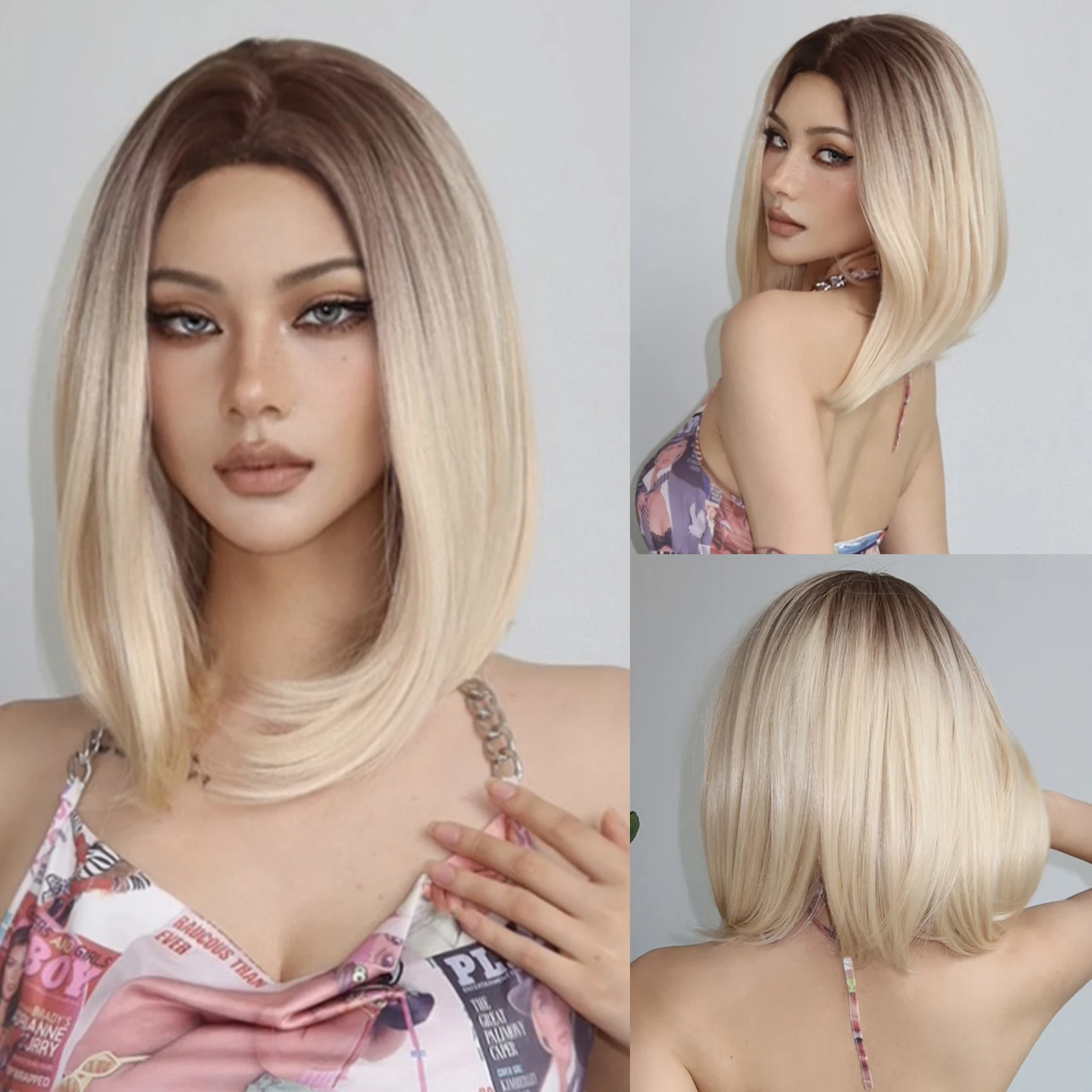 Top Trends: Ombre Blonde Straight Bob Synthetic Wigs Middle Part Platinum Shoulder Length Wigs For Women Natural Cosplay Hair Heat Resistant Shoppable Styles