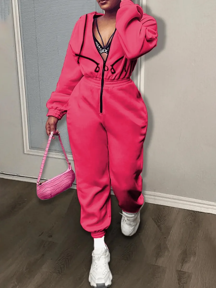 Top Trends: LW Plain Jumpsuits Zipper Up Casual Sporty Street Plain Hoodie Jumpsuits Drawstring Solid Color Long Pants With Pockets Shoppable Styles