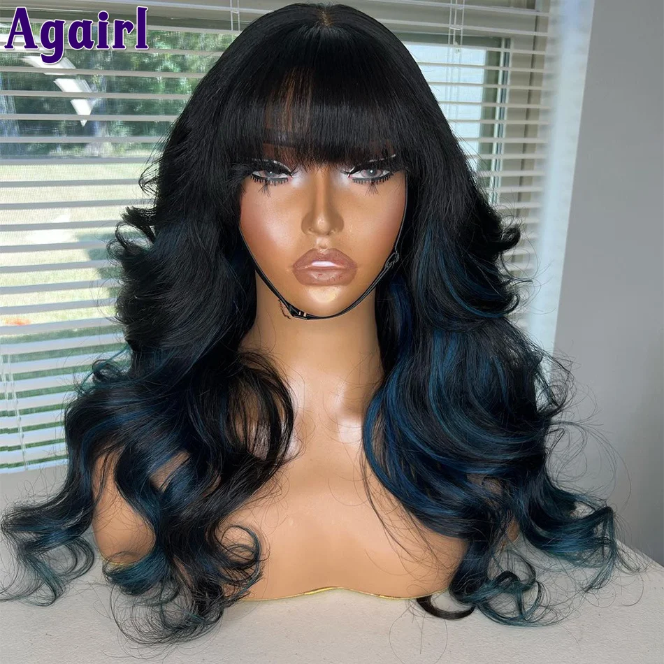 Top Trends: Highlight Blue 13X4 Lace Front Wig With Bangs Peruvian Body Wave Human Hair Wigs Cheap 5X5 Closure Wigs 30 Inch Long Fringe Wig Shoppable Styles