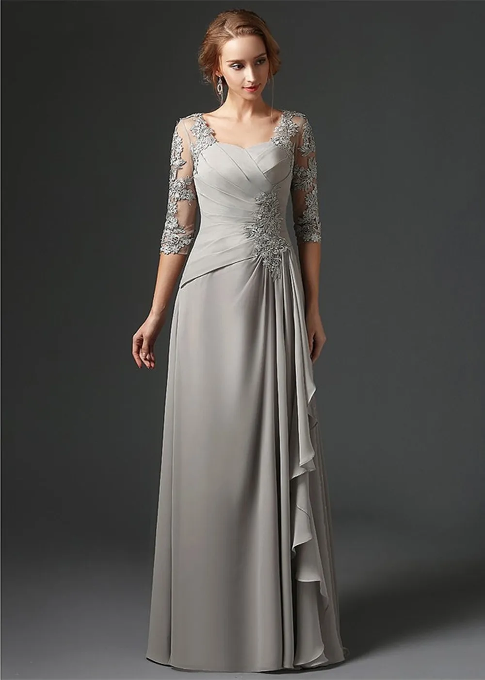 Top Trends: Silver 2022 Mother Of The Bride Dresses A-line 3 / 4 Sleeves Chiffon Lace Plus Size Long Elegant Groom Mother Dresses Wedding Shoppable Styles