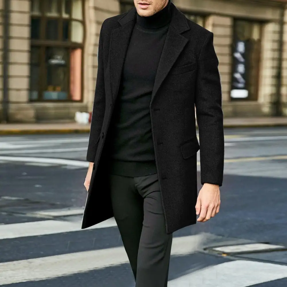 Top Trends: Men Winter Coats Solid Color Suit Coat Lapel Long Sleeve Flap Pockets Single-breasted Mid-length Warm Jacket Overcoat Shoppable Styles