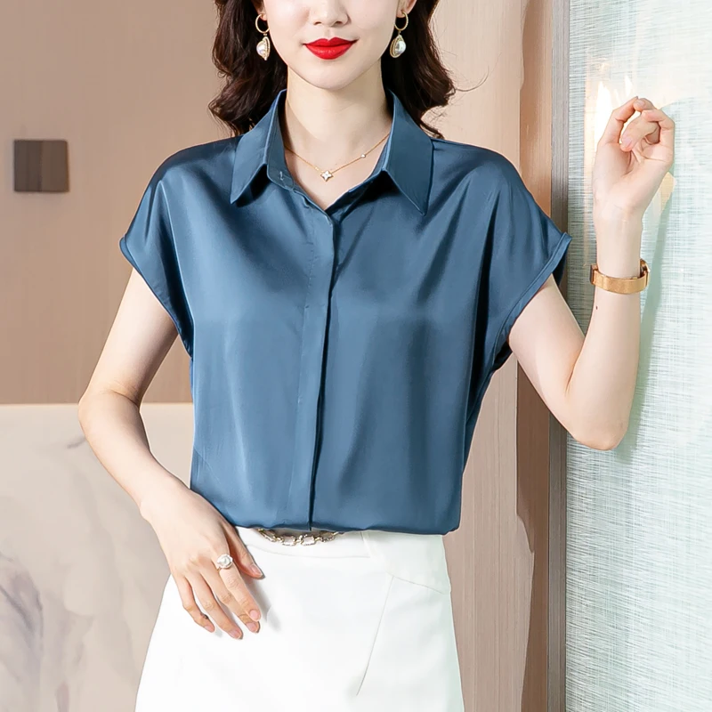 Top Trends: Vintage Blouse Women 2023 New Summer Satin Shirt Silk Elegant Womens Tops Short Sleeve Blouses And Shirts Fashion Women Clothing Shoppable Styles