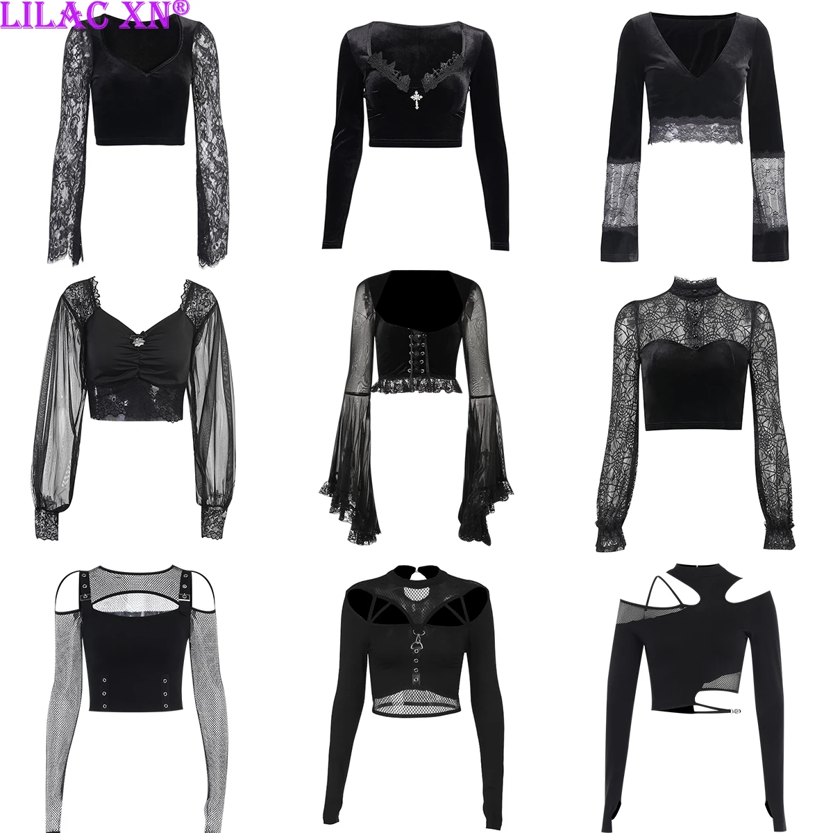 Top Trends: Goth Sexy Lace Mesh Flared Long Sleeve Corset Crop Tops Y2K Harajuku Vintage Aesthetic Black T-shirts Women Tops Tees Streetwear Shoppable Styles