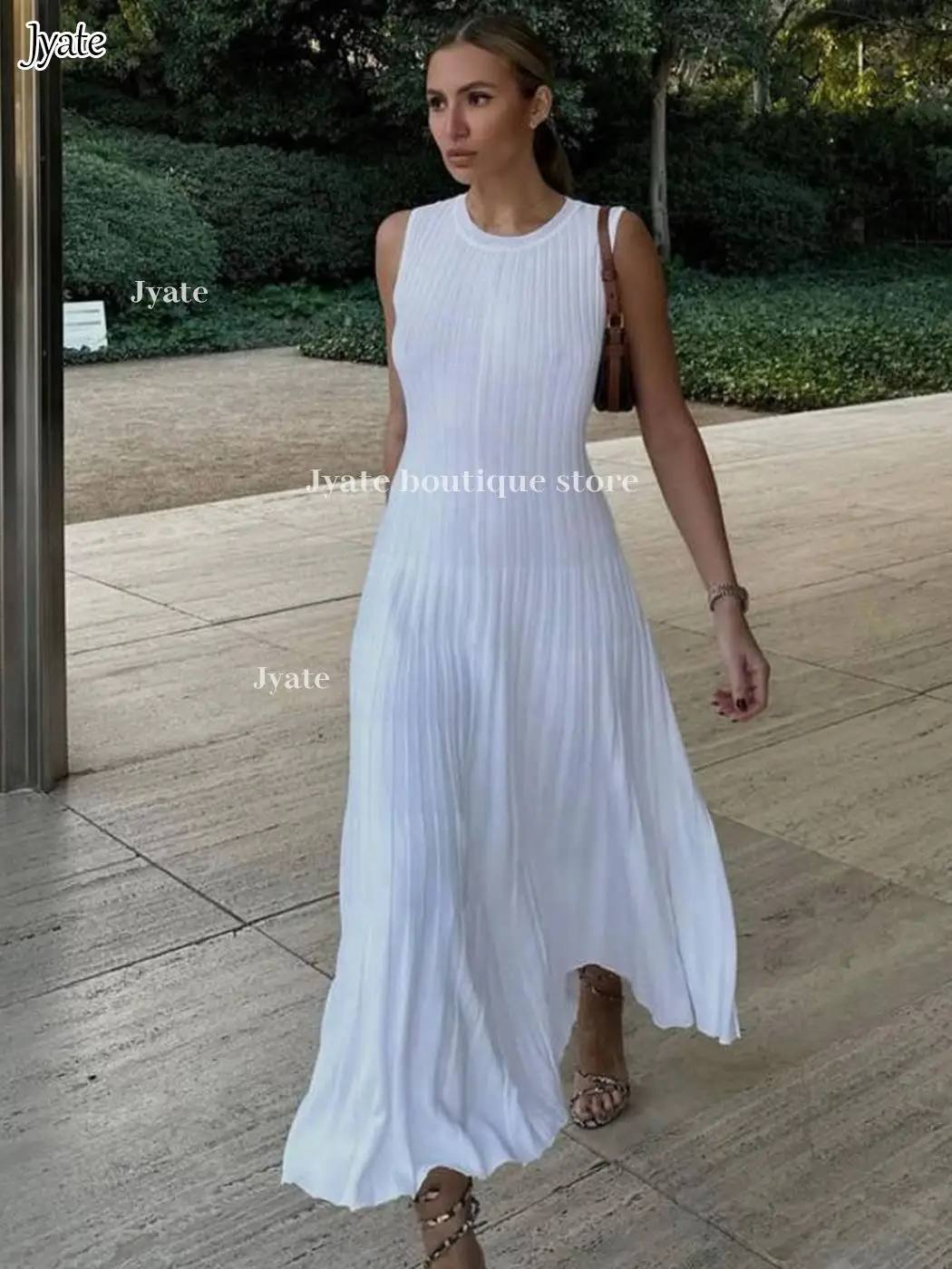 Top Trends: 2023 Sleeveless Pleat Knit Dress Round Neck A-line Pit Strip Slim Long Dress Sundress Solid Color Casual Women Summer Dresses Shoppable Styles