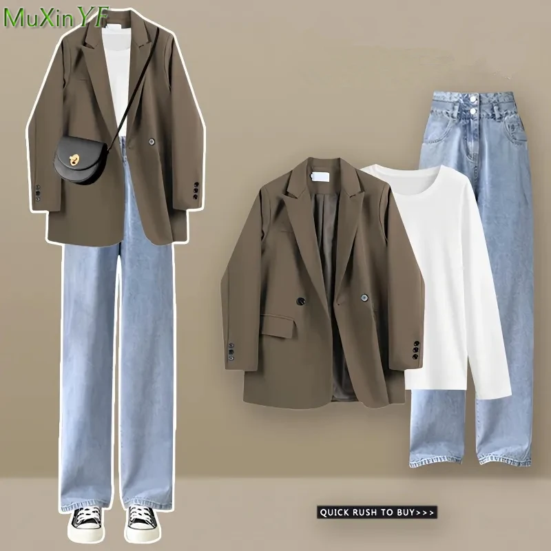 Top Trends: Women Spring Autumn Blazers T Shirts Denim Pants 1 Or 3 Piece Set Korean Lady Casual Suit Jackets White Tops Jeans Outifts 2023 Shoppable Styles