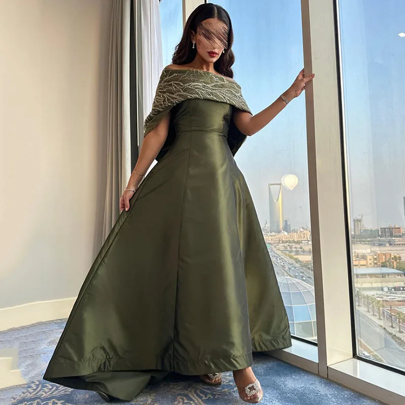 Top Trends: Smileven Green Evening Dresses A Line Off The Shoulder Satin Saudi Arabic Prom Gowns Off The Shoulder Formal Occasion Dress Shoppable Styles