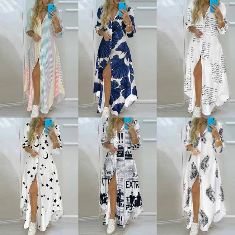 Top Trends: Women Boho Shirt Dress Summer Turn-down Collar Single Breasted Button Irregular Long Dress Female Sexy Letter Print Maxi Dresses Shoppable Styles