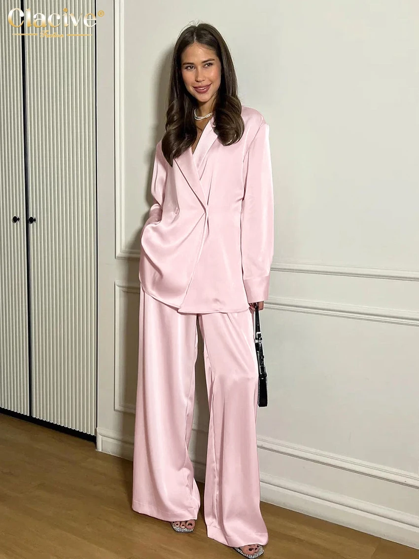 Top Trends: Clacive Fashion Loose Pink Satin Pants Sets For Women 2 Pieces Elegant Long Sleeve Shirt With High Waist Wide Trousers Suits Shoppable Styles