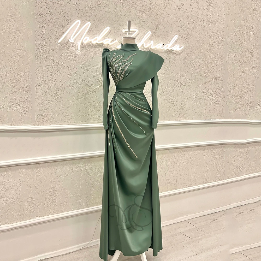 Top Trends: Green Formal Evening Dresses High Neck Full Sleeves Prom Gowns Satin With Beading Floor Length Mermaid فساتين سهره فاخرة طويلة Shoppable Styles