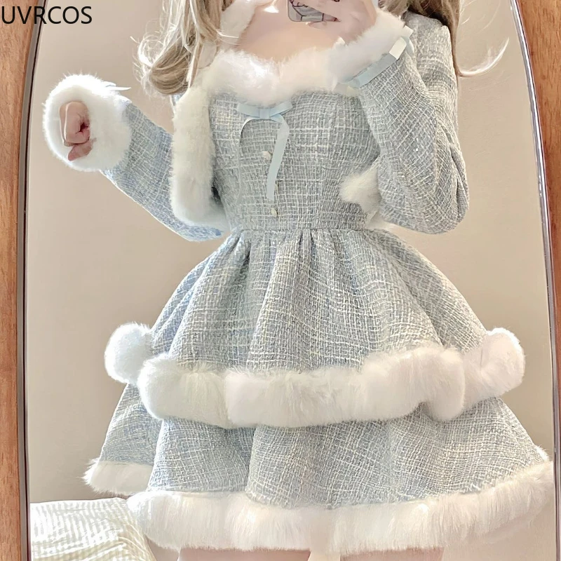 Top Trends: Korean Style Elegant Tweed Plaid Dress Sets Women Plush Patchwork Short Woolen Jackets Sexy Bow Mini Skirt Japanese Fashion Suit Shoppable Styles