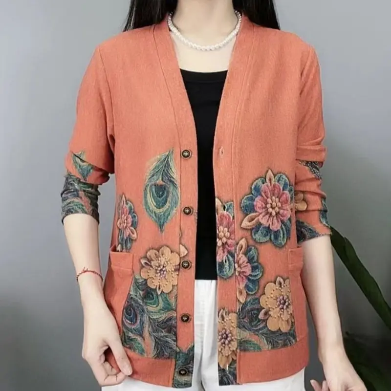 Top Trends: Vintage Woman Clothes Cardigan Long Floral Coat Streetwear Spring Autumn Long Sleeve V-neck Versatile Fashion Casual Knit Jacket Shoppable Styles - Image 4