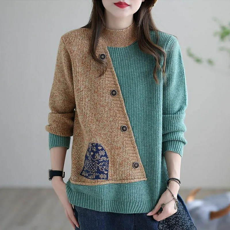 Top Trends: Streetwear Fashion Women Y2K Pullovers Long Sleeve Autumn Winter Button Patchwork Loose Vintage Knitted Casual Jumpers Sweaters Shoppable Styles