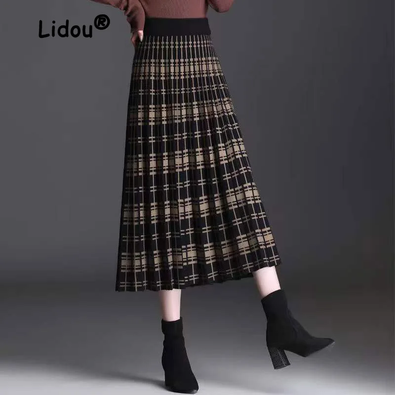 Top Trends: Vintage Fashion Knitting Printing Pleated A-line Skirt Women Classic High Quality Korean All-match Lady Autumn Winter Skirt Shoppable Styles