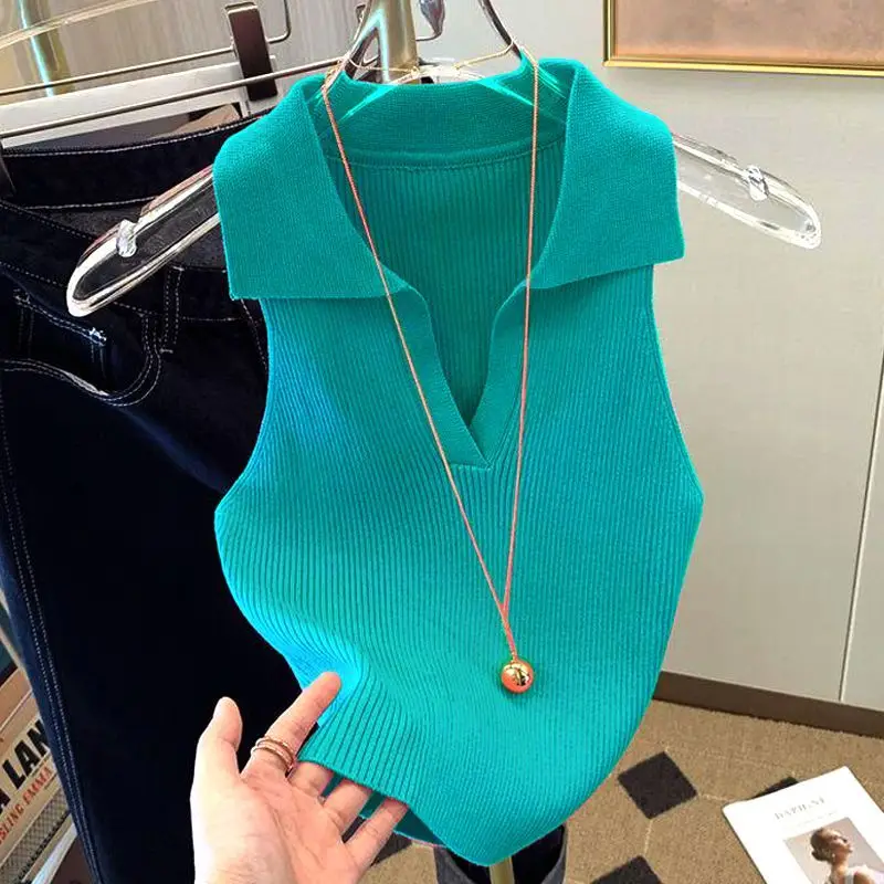 Top Trends: Ice Silk Shirt Women&#039;s 2022 Summer Wear Knitted Vest New Style Fashion Slim Lapels Sleeveless Knitwear Women&#039;s Tank Top Shoppable Styles