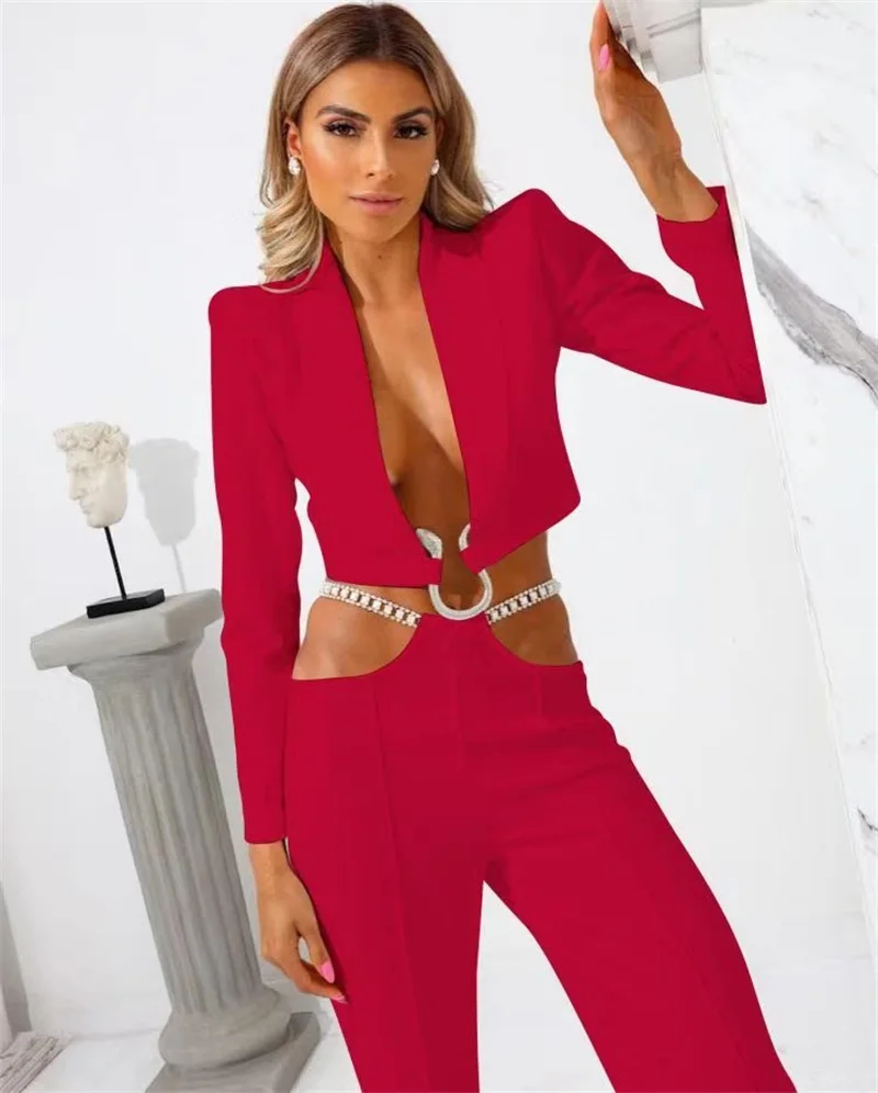 Top Trends: Designer Fashion Women Suit Blazer Sexy Short Jacket Chain Belt Casual Trousers 2-Piece Suits Set Hot Girl Streetwear Shoppable Styles - Image 2