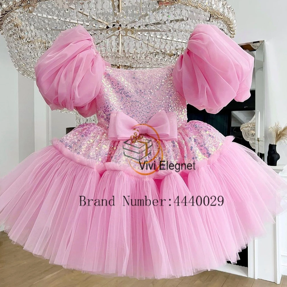 Top Trends: Pink Puffy Sleeve Flower Girls Dresses With Sequined Real Picture Soft Tulle Christmas Gowns 2023 Summer Bow فلور فتاة اللباس Shoppable Styles