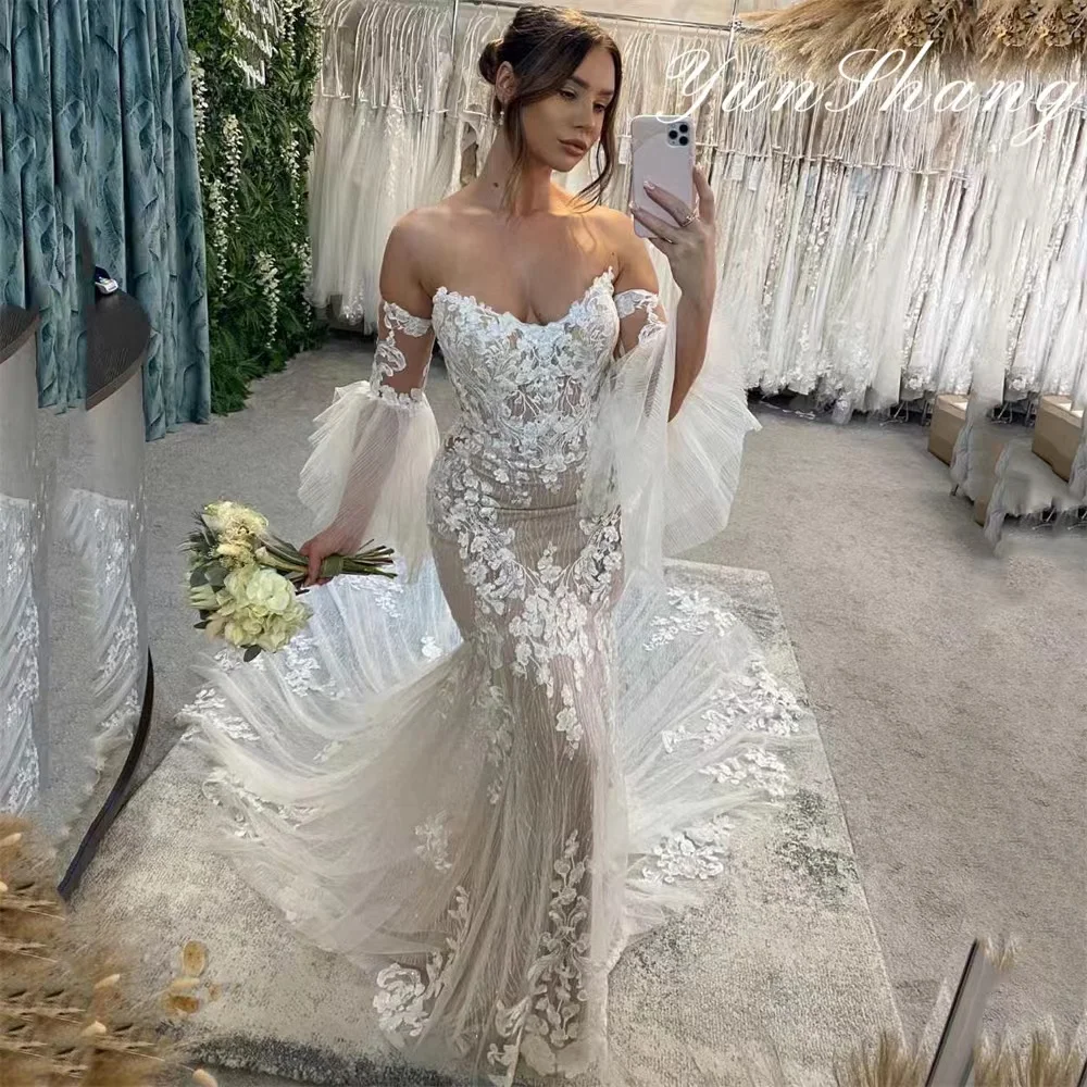 Top Trends: Yunshang Elegant Mermaid Wedding Dresses Women Lace Open Back Long Sleeve Sweetheart Bridal Gown Sweep Train Vestidos De Novia Shoppable Styles