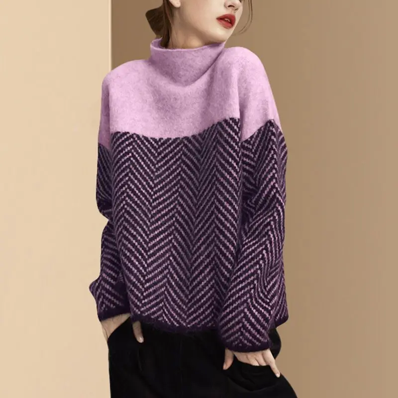 Top Trends: Korean Clothing Fashion Women Autumn Winter Sweater Contrast Striped Casual Loose Long Sleeve Half Turtleneck Knitted Pullovers Shoppable Styles