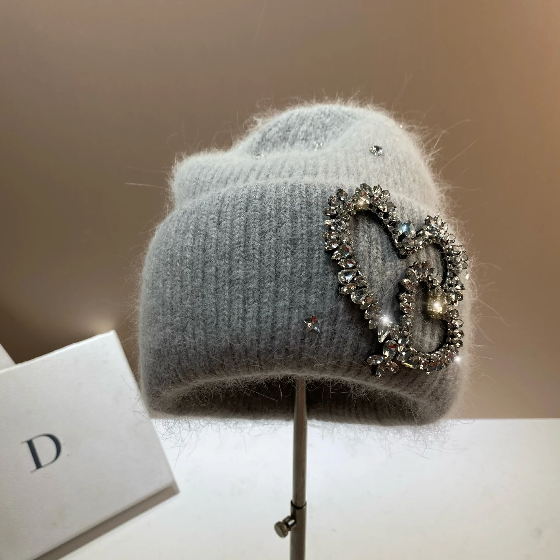 Top Trends: Real Rabbit Fur Winter Beanies For Women Warm Knitted Hats Luxury Rhinestones Knit Bonnet Ear Protection Wool Skullies Thick Cap Shoppable Styles