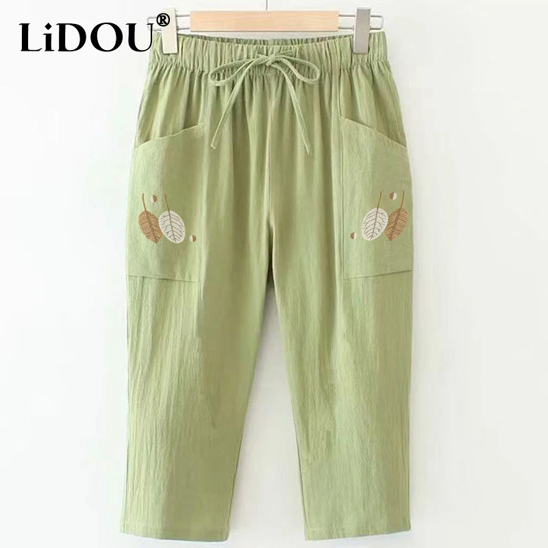 Top Trends: 2023 Summer New Solid Color Embroidered Cotton Pants Women Elastic Waist Pockets Loose Comfortable Elegant Chic Straight Trouser Shoppable Styles