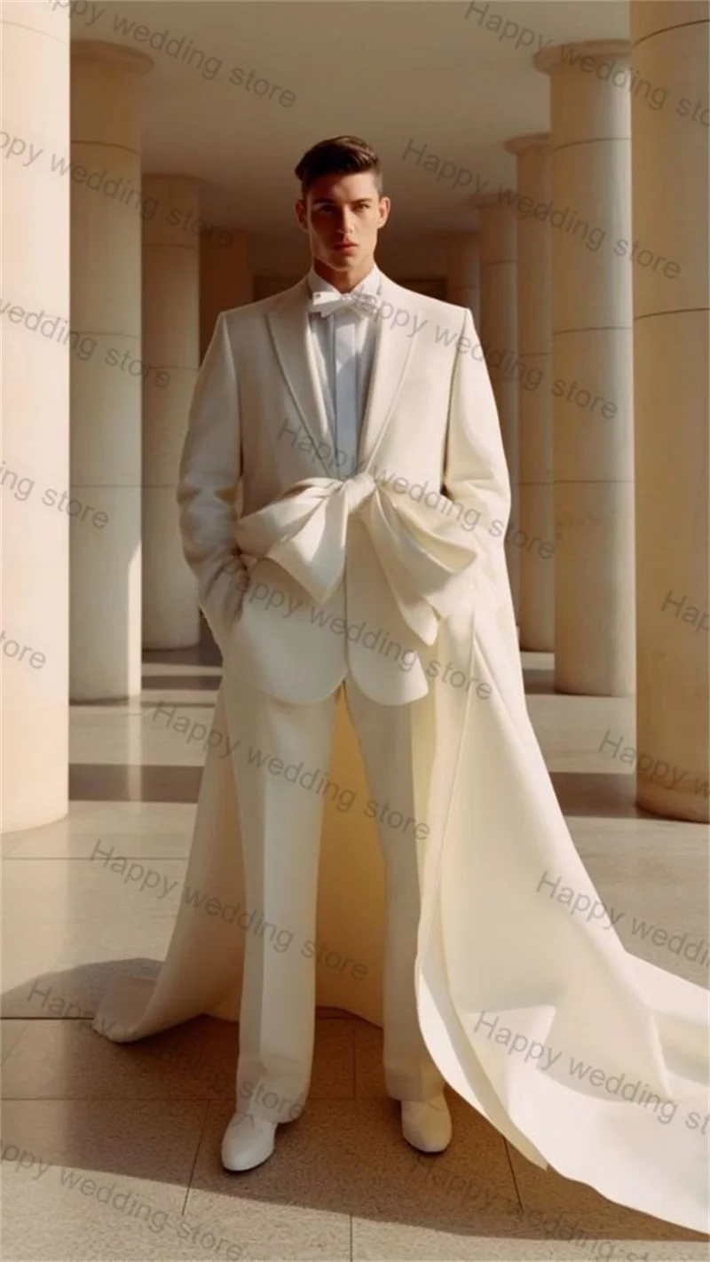 Top Trends: White Groom Men Pant Suit Set Wedding Tuxedos 2 Pieces Prom Coat With Long Train Bridegroom (Jacket+ Trousers) Tailored Made Shoppable Styles