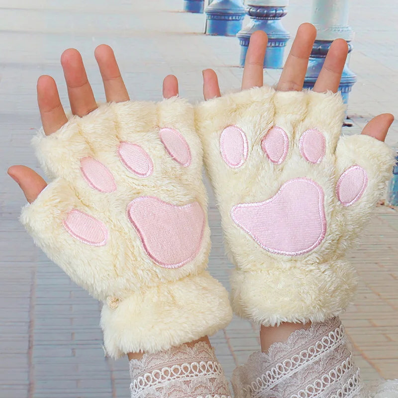 Top Trends: 1Pair Girl Lovely Bear Plush Cat Paw Claw Gloves Winter Faux Fur Kitten Fingerless Mittens For Women Christmas Halloween Gloves Shoppable Styles