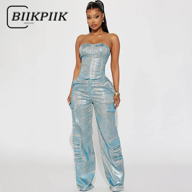 Top Trends: BIIKPIIK Sexy Silver Coated Denim Women Sets Casual Skinny Tank Top + Pockets Pants Autumn Streetwear Bling Fashion Outfits Y2K Shoppable Styles