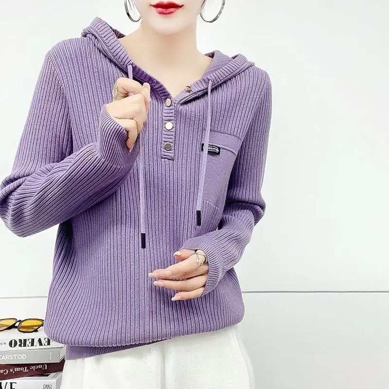 Top Trends: Fashion Hooded Solid Color Button All-match Korean Sweaters Women&#039;s Clothing 2022 Autumn New Casual Pullovers Loose Commute Tops Shoppable Styles