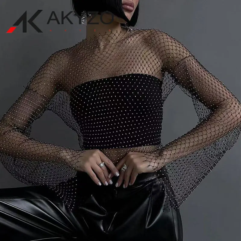 Top Trends: Women Sexy Mesh See Through T Shirt Shiny Rhinestone Y2K Fishnet Hollow Out Crop Top Long Sleeve Beach Cover Up Party Tank Tops Shoppable Styles