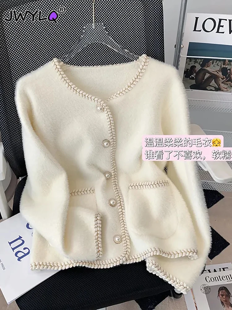 Top Trends: Elegant O-neck Single-breasted Pearl Buttons Pocket Knitted Sweater Korean Fashion Loose Hit Color Imitation Mink Velvet Sweater Shoppable Styles