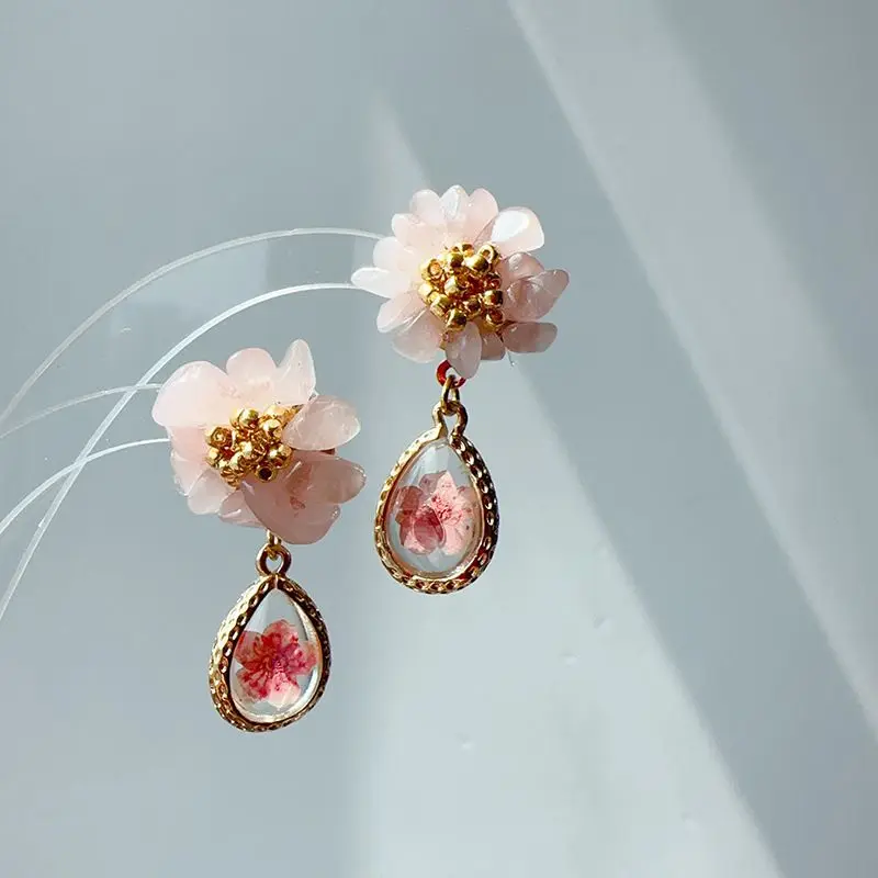 Top Trends: Unique Earrings Pink Flower Elegant Statement Earring Women Creative Dried Flower Jewelry Luxury Crystal Drop Earrings Wholesale Shoppable Styles