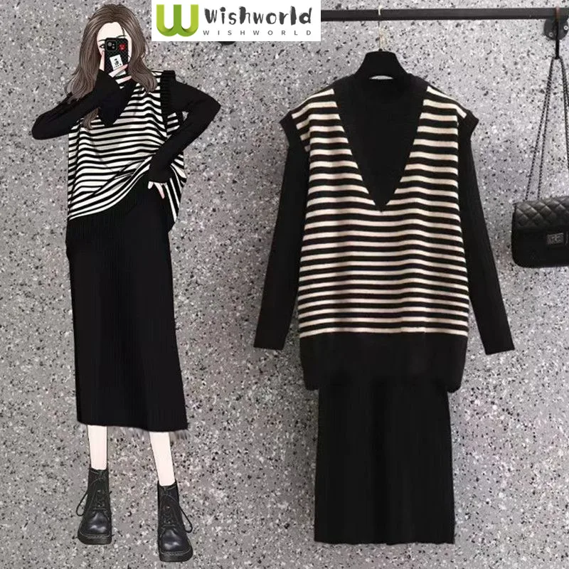 Top Trends: Spring And Autumn Set Women&#039;s 2023 New Korean Fashion Stripe Tank Top Casual Age Reducing Dress Two Piece Set Shoppable Styles