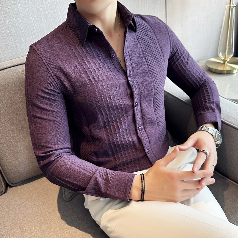 Top Trends: Brand Clothing Men&#039;s Spring High Quality Long Sleeve Shirts / Male Slim Fit Lapel Business Purple Office Dress Shirt 4XL-M Shoppable Styles