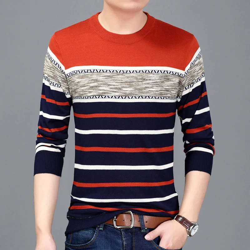 Top Trends: 2023 Autumn And Winter Men's Round Neck Pullover Colored Long Sleeve Striped Knitted Sweater Bottom Fashion Casual Commuter Tops Shoppable Styles