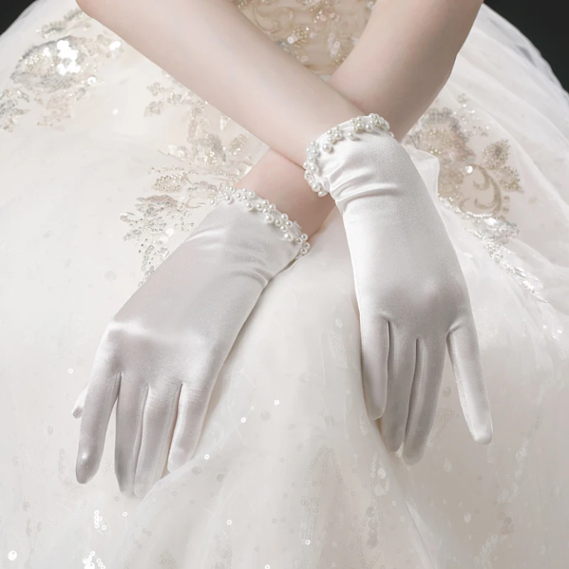 Top Trends: Elegant Women Wedding Bridal Short Gloves Full Finger Pearls Wrist Length Costume Prom Party Gloves White Gloves Gelin Shoppable Styles