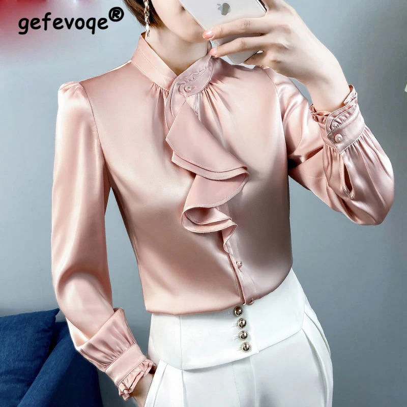 Top Trends: Feminine Blouse Spring Autumn New Elegant Fashion Wave Cut Ruffles Office Lady Shirts Long Sleeve Stand Collar Solid Tops Women Shoppable Styles