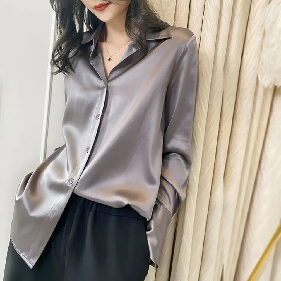 Top Trends: Office Silk Satin Shirt Ladies Simple Blouse 2022 New Spring Autumn Tops Women Clothing Korean Loose OL Grey Shirt Blusas Mujer Shoppable Styles