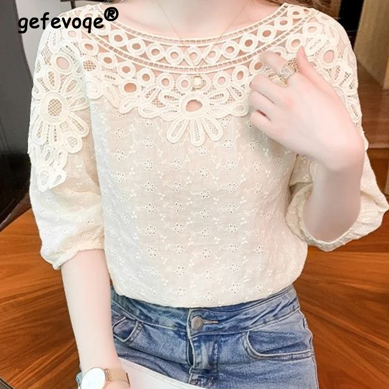 Top Trends: Summer New Casual Fashion Hook Flower Hollow Out Shirt Ladies Short Sleeve Loose All-match Pullover Top Blouse Women's Clothing Shoppable Styles