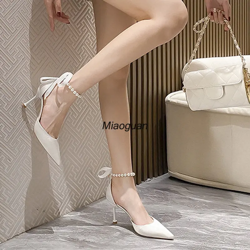 Top Trends: Silk Ankle Pearl White Pumps Design 8cm High Heels Women Pumps Stiletto Sexy Bow Strap Dress Wedding Bride Shoes Plus Size 2023 Shoppable Styles