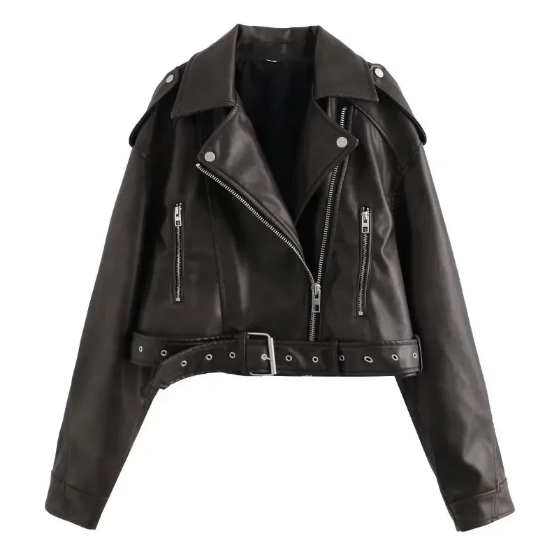 Top Trends: Women Vintage Loose Pu Faux Leather Short Jacket With Belt Streetwear Female Zipper Retro Moto Biker Coat Outwear Tops Shoppable Styles - Image 3