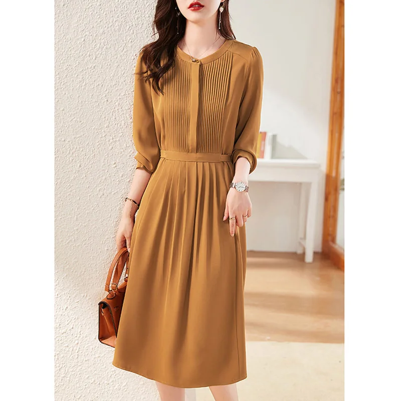 Top Trends: Elegant O-Neck Spliced Loose Bandage Bow Folds Midi Dress Women Clothing 2023 Autumn New Long Sleeve Solid Color Casual Dresses Shoppable Styles